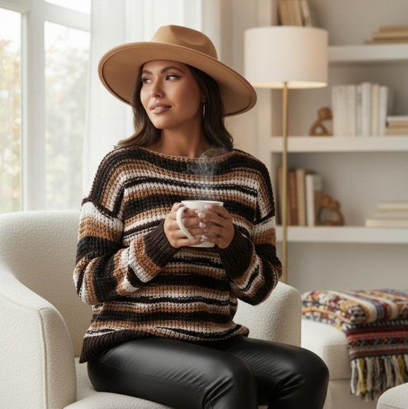 Windsor ✦ Brown Chenille Striped Sweater ✦ Round Neck Relaxed Fit Slit Accents M - Picture 1 of 8
